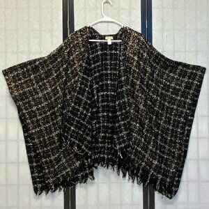 Michael Kors Drape Cape Wrap Poncho Cardigan Woven Black White Gold Fringed
